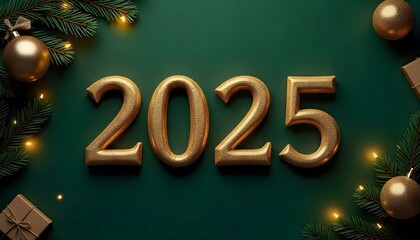 Golden serif glittery numbers 2025 on a dark green blue, contrasted by soft yellow lights, with a rustic-style Christmas tree adorned with handmade decorations and burlap ribbons.