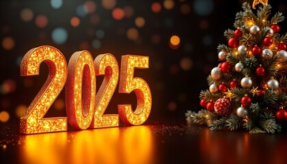 Golden serif glittery numbers 2025 on a dark green blue, contrasted by soft yellow lights, with a rustic-style Christmas tree adorned with handmade decorations and burlap ribbons.