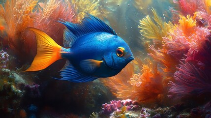 Obraz premium A vibrant blue fish with yellow fins swims through a coral reef, surrounded by colorful, branching coral.