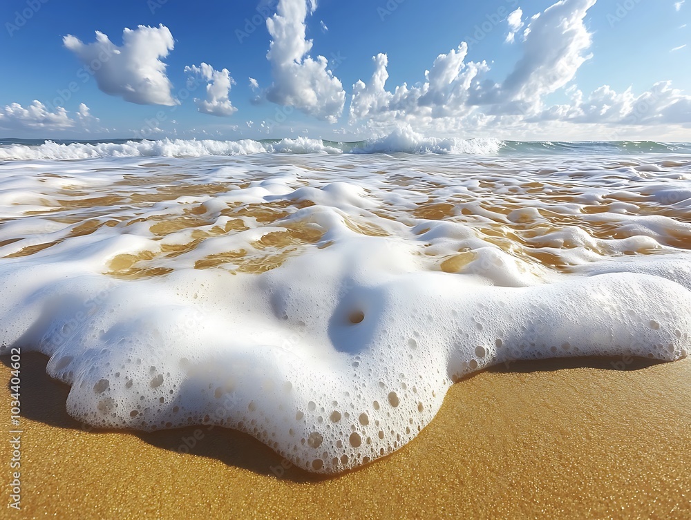 Poster ocean waves rolling over smooth golden sand leaving behind intricate patterns in the foam under a br