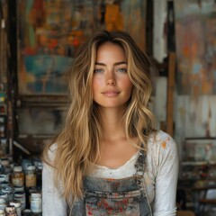 Naklejka premium a woman with a messy hair and overalls