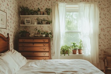 Cozy vintage bedrooms with floral wallpaper and antique furniture. AI generated image