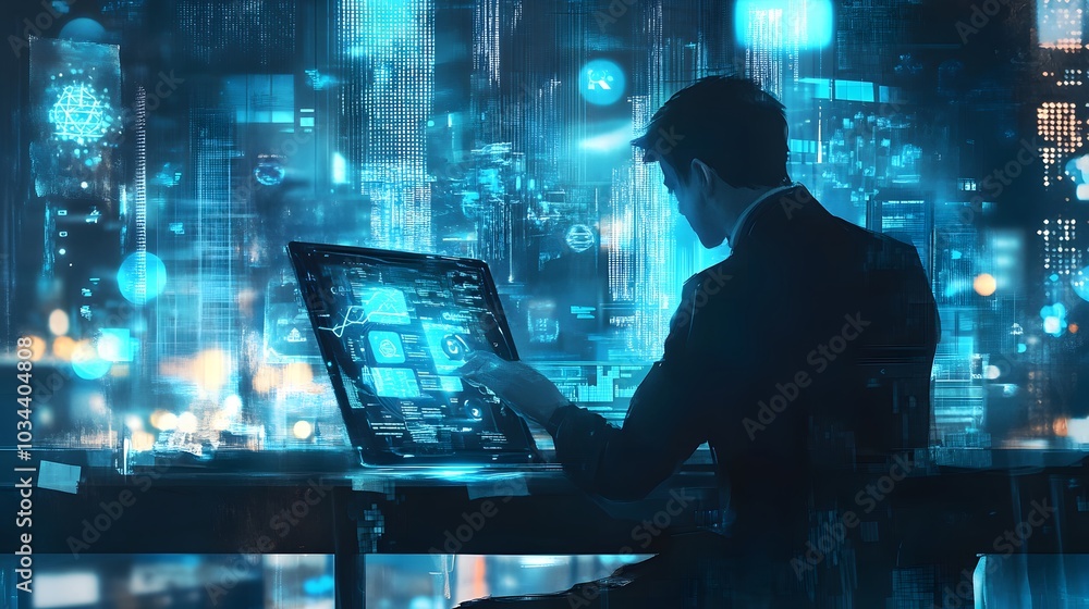 Poster silhouetted figure working on a computer with a futuristic interface and cityscape background