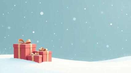 Holiday gift boxes adorned with bows resting in the snow under a gently falling snow amid a serene winter backdrop