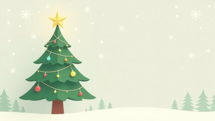 A decorated Christmas tree stands against a pale background with snowflakes and distant evergreen trees, evoking a festive winter spirit
