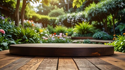 Fototapeta premium circular wooden podium stands against the backdrop of the garden and trees.