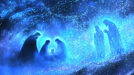 Mary, Joseph, Baby Jesus are away in a manger christmas scene with three wise men silhouettes 