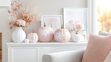 Cozy living room adorned with hand-painted pastel pink and white pumpkins, creating a warm autumn atmosphere