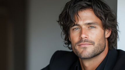 Obraz premium A stylish man in his thirties with shoulder-length dark hair and kind, thoughtful eyes, dressed in a modern suit. His distinguished look is enhanced by his confident posture, while