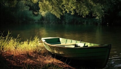  Boat on the river bank, tranquility of nature. 