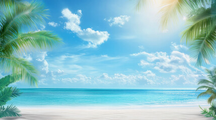 Obraz premium A serene tropical beach with clear blue skies and gentle waves under a bright summer sun