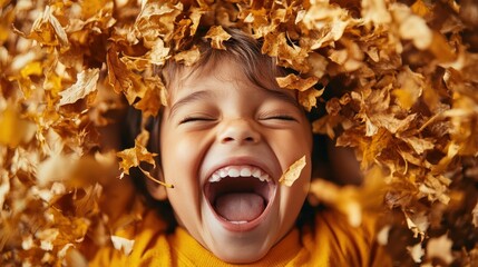 A laughing child is playfully covered in a blanket of vibrant autumn leaves, embodying the essence of carefree joy and the natural delights of the season.
