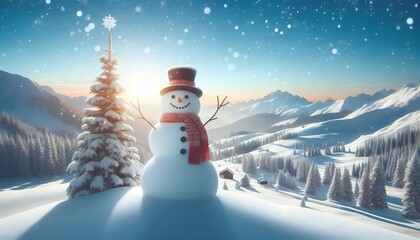 Obraz premium Happy snowman in winter scenery with copy space for text
