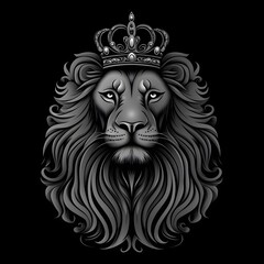 Obraz premium Regal Crowned Lion Portrait in Grayscale on Elegant Minimalist Black Background
