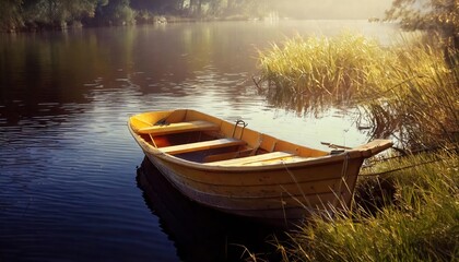 Fototapeta premium Boat on the river bank, tranquility of nature. 