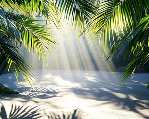 Sunlight filtering through palm leaves onto the sandy beach below casting intricate shadows across the ground
