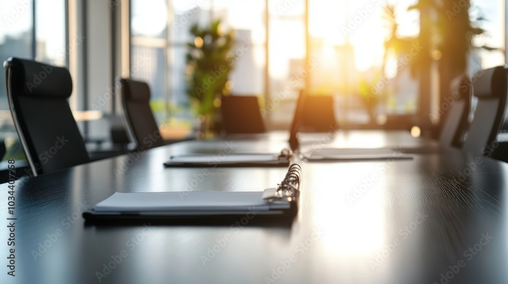 Poster close-up of a conference table with ring binders and empty chairs