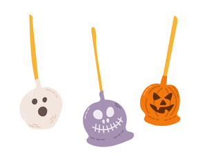 Set of three Halloween lollipops with spooky faces ghost, skull and jack o lantern in white, purple, and orange with yellow sticks. Vector flat illustration isolated on white background