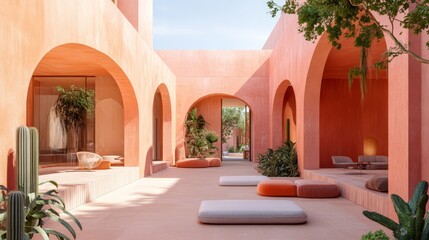 Bright and inviting courtyard of a modern architectural design featuring vibrant colors and lush greenery in a serene outdoor space