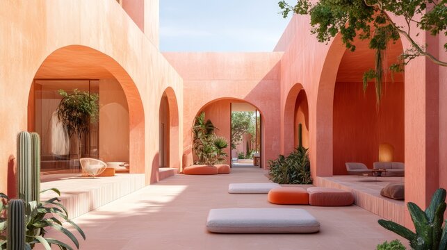 Bright and inviting courtyard of a modern architectural design featuring vibrant colors and lush greenery in a serene outdoor space