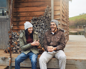 Winter, men and friends at outdoor cabin with coffee, holiday adventure or fun bonding on lake...