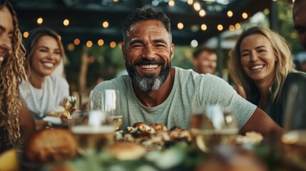 A group of smiling friends enjoying an outdoor dining event, emphasizing happiness, camaraderie, and delightful culinary experiences in a lively atmosphere.