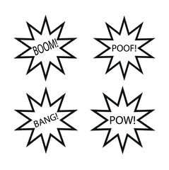 Set of hand drawn elements doodle comics isolated on white background. Speech bubbles with the words bom, boom, pow, poof, omg, crush