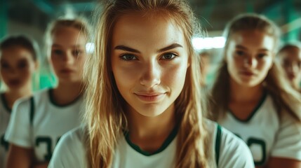 This image captures a determined young woman standing confidently at the forefront of a group, all wearing numbered sports jerseys, ready for action and teamwork.