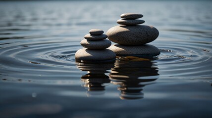 stacked Zen stones On the surface of the water is still and smooth. In nature, streams, rivers, calm, calm, relaxed.