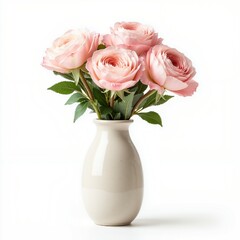 Pink Roses in a White Vase on White Background Spring Flowers Floral Arrangement Romance
