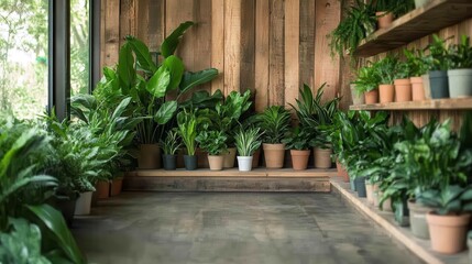 A beautifully arranged indoor garden with various potted plants in terracotta and ceramic pots on shelves, creating a lush, serene, and inviting atmosphere.