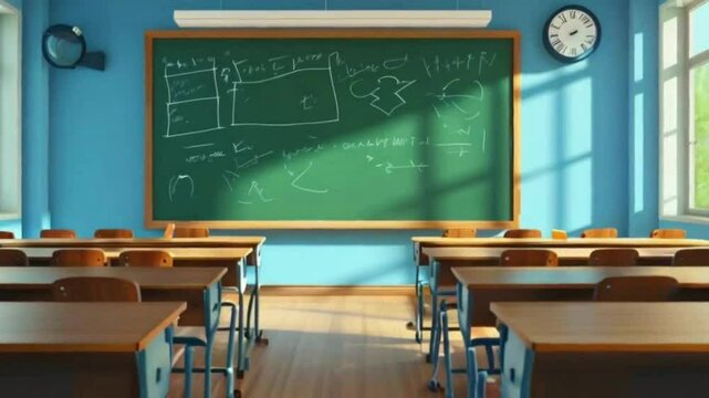 classroom with green board