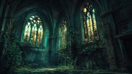 Fototapeta premium Overgrown Church Interior with Stained Glass Windows