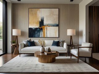 Fototapeta premium Modern living room interior featuring cozy, plush black and white sofas a wooden side table with decorative items, and minimalist decor. The space is enhanced by a large painting and a soft rug