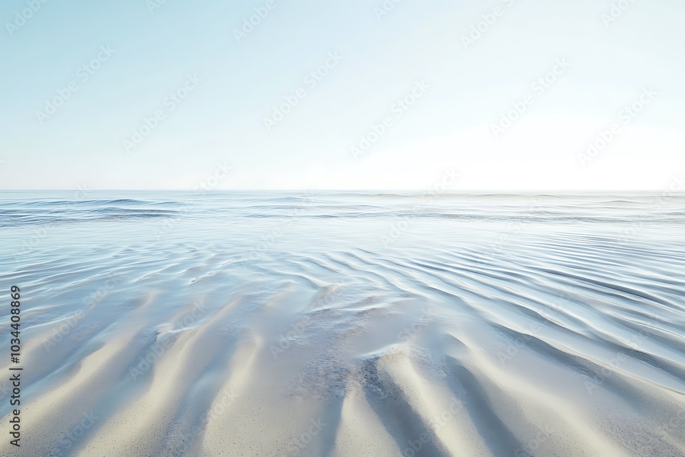 Poster the ocean tide receding over a smooth sandy beach leaving intricate patterns in the wet sand under a