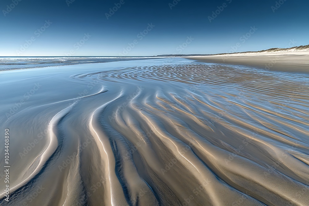 Sticker the ocean tide receding over a smooth sandy beach leaving intricate patterns in the wet sand under a