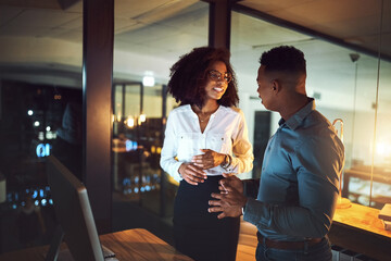 Business people, discussion and night with colleagues for project deadline, brainstorming or planning at office. Businessman, woman or coworkers working late for company productivity at workplace