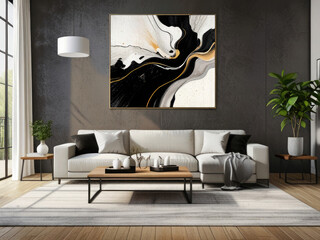 Modern living room interior featuring cozy, plush black and white sofas a wooden side table with decorative items, and minimalist decor. The space is enhanced by a large  painting and a soft rug