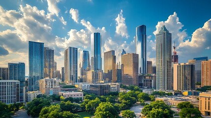 An overview a city skyline showcasing modern business buildings, symbolizing economic growth.
