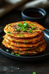 Korean kimchi pancakes stacked on a plate, garnished with green onions and served with soy dipping sauce on a dark wooden table.