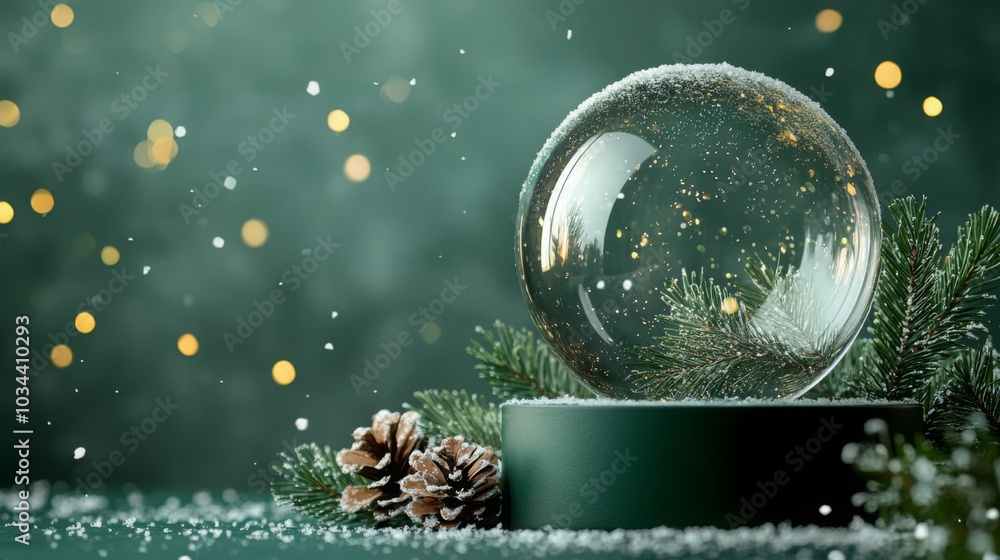 Poster A snow globe with fake snow inside sits on a green surface with snow and pine branches around it. Blurred out-of-focus golden lights are visible in the background.