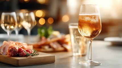 An elegantly tall glass filled with a sparkling beverage stands beside a wooden board adorned with gourmet delights, creating a classy culinary scene under soft lighting.