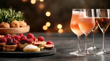 Fototapeta premium A beautiful assortment of desserts and drinks, including pastries topped with raspberries and sparkling beverages, set against a background with soft glowing lights.