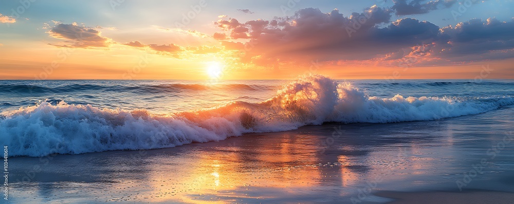 Wall mural waves gently breaking on the shore as the sun sets with the colors of the sky reflected on the wet s