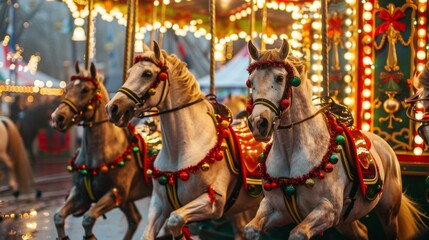 Enchanting holiday carousel horses adorned with festive lights and decorations
