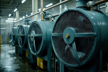 Fototapeta premium Industrial Fans with Wire Mesh Grates and Water Droplets