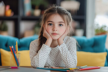 Photo of cute small schoolgirl web camera lesson ponder wear pullover modern interior apartment indoors
