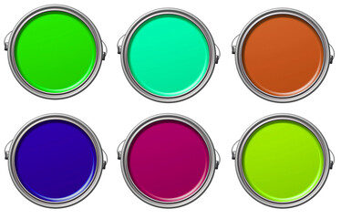 Top view of open paint cans on a white surface. Yellow, red, blue, purple, green, and pink. Different colored paints and ink containers.