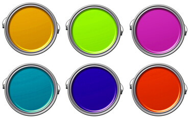 Opened paint cans in vibrant colors on a white background, viewed from the top. Yellow, red, blue, purple, green, and pink paints.