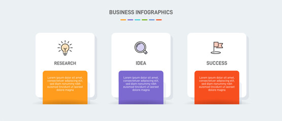 3 clean infographic design shaped elements template, symbolizing the three stages of business strategy and progression. Progress bar or timeline. Vector for presentation, web site or app.